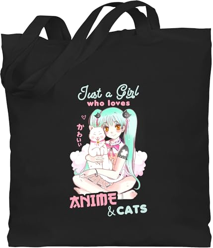 Baumwolltasche - Just a girl who loves anime & cats - Unisize - Schwarz - geschenk+anime katze stofftasche anemie jutebeutel stoffbeutel baumwolle beutel jutebeuel jutetasche einkaufstasche bag tote