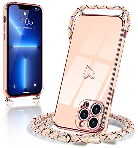 Micoden Handykette für iPhone 13 Pro Max Hülle Necklace mit Band Herz | Kameraschutz Handyhülle Herz Design Galvanik Dünn Silikon Case Bumper Kordel zum Umhängen Stoßfeste Schutzhülle, Rosa