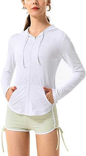 Hanyomo Women's Long Sleeve UPF 50+ Sun Protection Jacket Hooded Fitness Shirt with Pockets Yoga Full Zip Athletic White M