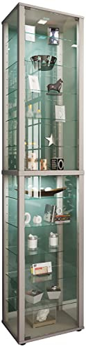 VCM Glasvitrine stehend | Vitrine Glas mit ESG-Sicherheitsglas | Maße ca. H. 227 x B. 50 x T. 38 cm | Standvitrine Glas | Modern und platzsparend | Glas Vitrinenschrank – Kavisa XXL Silber