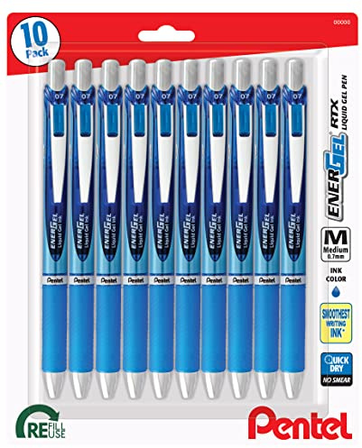 Pentel EnerGel RTX Retractable Premium Liquid Gel Pen, (0.7mm) Needle Tip, Ultra Smooth, Medium Line, Blue Ink 10 Pack, BLN77BP10C