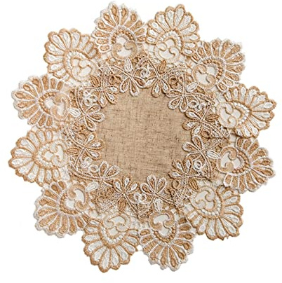European Antique Jacquard Lace Table Doilies,Small Farmhouse Linen Embroidered Table Topper Scarf Place Mat RusticTable Cover (Flower Shape, Diameter 15.7Inch)