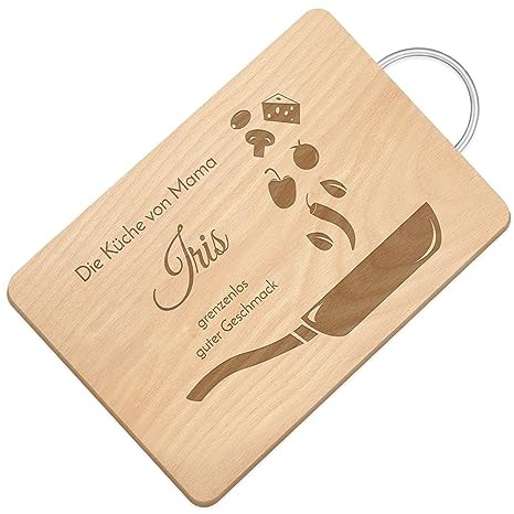 Maverton Schneidebrett mit Gravur - Brotzeitbrett mit Metallgriff - personalisiertes Küchenbrett aus Buchenholz - Holzbrett mit Wunschmotiv für Frauen - Größe: 32x18 cm - Pfanne