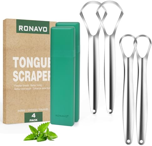RONAVO Gratte-langue pour adultes et enfants avec étui de voyage pratique, grattoir professionnel robuste, soin bucco-dentaire sain, combat les mauvaises odeurs d'haleine, facile à utiliser, 2 tailles