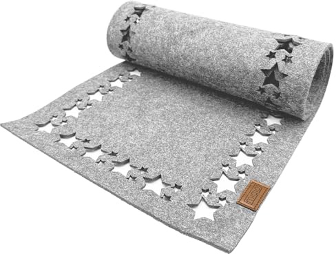 Miqio Design Filz Tischläufer Sterne | Tischläufer Winter | 100x30cm abwaschbar | Filzläufer 0ekotex Filzstoff mit Echtleder Label | Tischdecke Weihnachten- Hellgrau