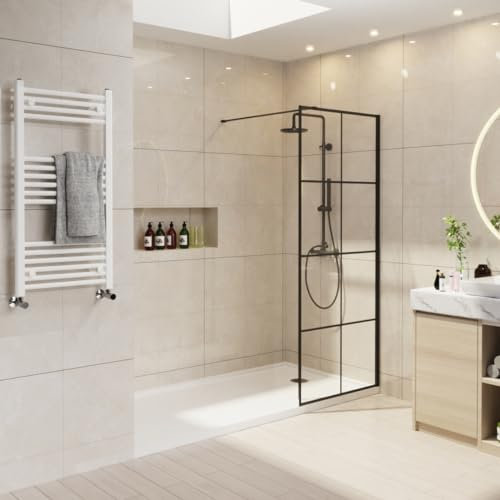 NRG 760 x 1950mm Wetroom Screen Wet Room Shower Enclosure Black Grid Framed Shower Screen Panel 8mm Easy Clean Glass