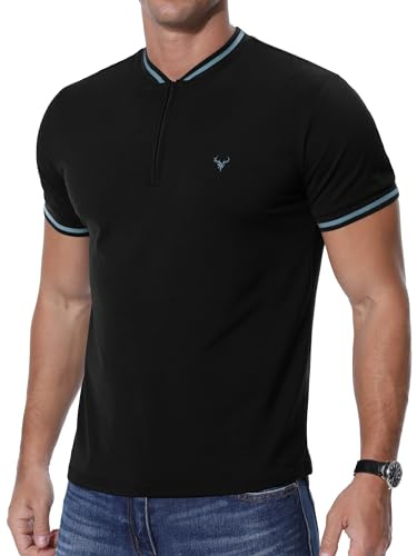 KUYIGO T-Shirt Henley da Uomo con Cerniera e Ricamo Testa di Cervo a Maniche Corte da Tennis, vestibilità Aderente, Nero, M