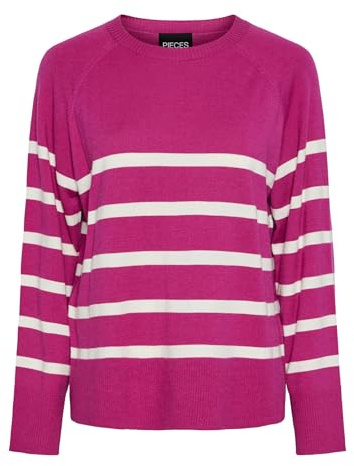Pieces Jersey de Punto para Mujer Pcsia LS Knit Noos BC, Festival Fucsia/Rayas: Blanco, L