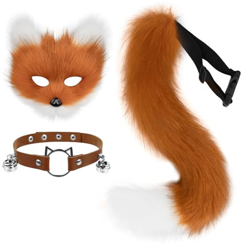 hbbhml Kunstpelz Fuchs Maske Wolf Katze flauschiger Schwanz und Leder Halskette Set Halloween Party Kostüm Accessoire
