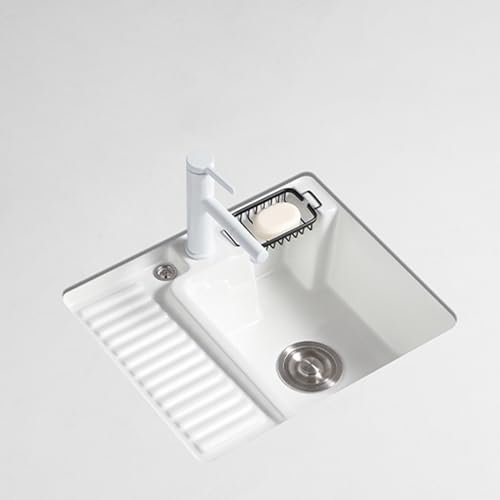 Lavabo in ceramica da bagno sottopiano, lavabo da incasso per lavanderia sul balcone con asse per lavare integrato, lavabo a vasca bianco con rubinetto estraibile, adatto per bagni e altro ancora. ( S