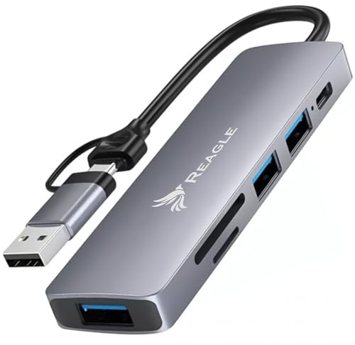 Reagle Hub USB 6 en 1 USB 3.2 Gen 1 5 Gbps Adaptador USB A y USB C con 3 Puertos USB A Lector SD microSD Entrada de Alimentación USB C para PC Portátil Tablet Smartphone