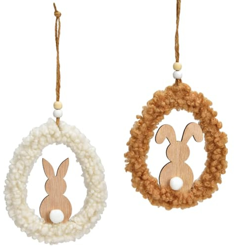 Ostereier aus Holz & Plüsch zum Aufhängen für Innen in weiß braun Fensterdeko Eier 2er Set mit Schnur als Osterdeko Frühlingsdeko Deko Holzhänger Boho Fensterschmuck hängend zu Ostern 10 x 24 cm
