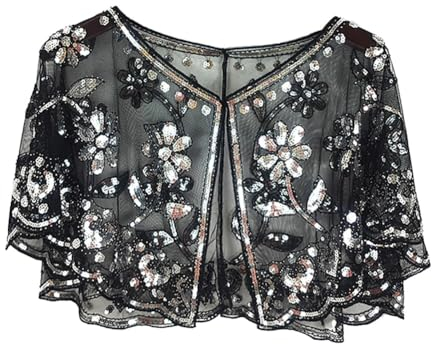 Asudaro Boleros Schal, Frauen Elegant Brautkleid Umhang Blume Stola Boleros Perlen Kleidung Pailletten Schal 1920er Jahre Gatsby Kostüm Accessoires für Abend/Party/Hochzeit Kleider Schwarz und Silber