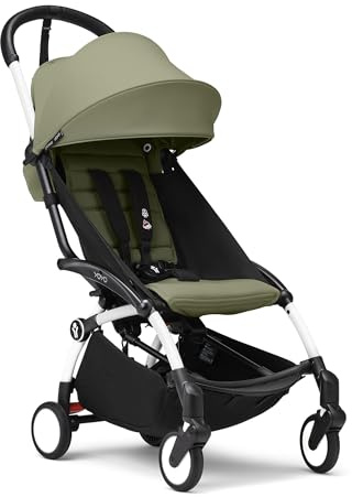 Stokke YOYO3 Kinderwagen ab 6 Monaten - Inklusive weißem Rahmen / Olive Sitzkissen + Verdeck - Blitzschnell ein- und ausklappbar - Leicht & kompakt - Handgepäck-kompatibel