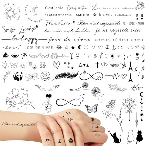 6Feuilles Tatouage Temporaire Français Faux Tatouage Ephémère Etanche Couleur Noire Décoration Fête Cadeau pour Femme Fille