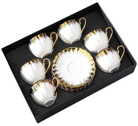 Disco y Tazas de Café de Cerámica Con Márgenes Dorados - Para Café Doble, Con Leche, Moca, Té - 6 Juegos, Blanco, Verde y Blanco