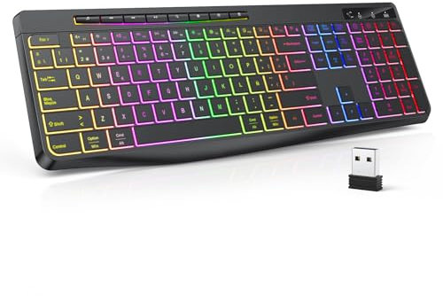 TECURS Teclado Gaming inalámbrico- Teclado QWERTY Silencioso, Ergonómico, Impermeable, 2.4Ghz LED Teclado Retroiluminado, Anti-Ghosting, Full-Size Teclado avec Multimédia para PC/Ordenador/MAC/Windows