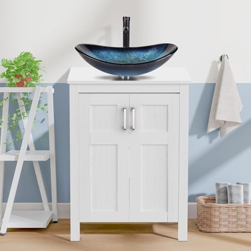 ARTETHYS Bathroom Vanity Units with Basin, 60cm Bathroom Sink Cabinet | White Cloakroom Cabinet Free Standing with Cloakroom Blue Glass Vessel Sink