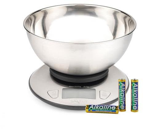 Salter Küchenwaage mit Schüssel - Mehrfachmessung, misst Flüssigkeit, 5kg/ 11lbs Max. Kapazität, 2l Stahlschüssel, LCD- Bildschirm, Edelstahl, perfekt zum Backen, Kochen, Mahlzeit vorbereiten