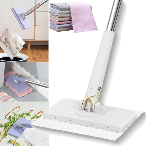Mini balai à changement automatique de chiffon, balai à poussière plat mains libres, mini balai à franges compatible avec les serviettes de visage, pour salle de bain, cuisine (blanc, long (93 cm)