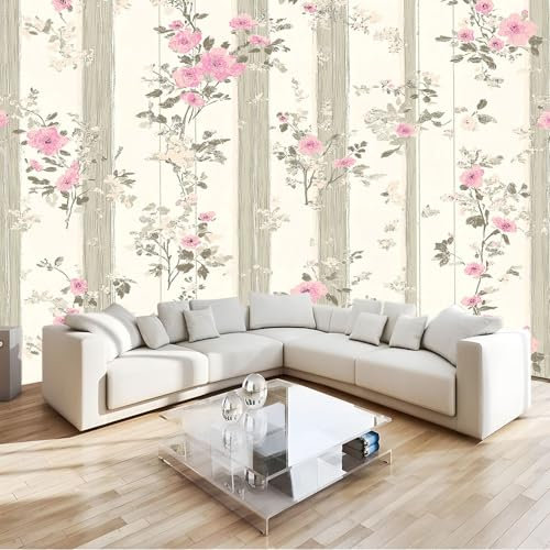 Générique Papier Peint Panoramique 3D Rétro Shabby Chic Rayures Florales Intissé Décoration Murale pour Salon Chambre, Violet Poster Décoration Fond De Mur Tv Papier Peint Murales 300 x 210 cm