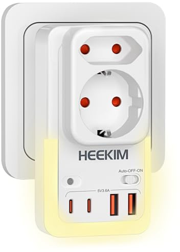 heekim Steckdose LED-Nachtlicht, Nachtlight mit 2 USB-A und 2 USB-C und 2-Fach Steckdosenadapter mit Stand Einstellbarer automatischer Lichtsensor
