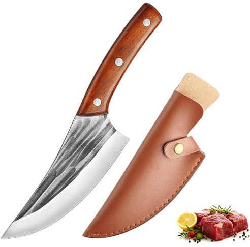Fubinaty Professional Chef Knife 6 Inch Japanese Cooking Knife with Leather Sheath Handmade Forged Kitchen Knives High Carbon Steel Wooden Handle Boning Knife for Home Garden Grill