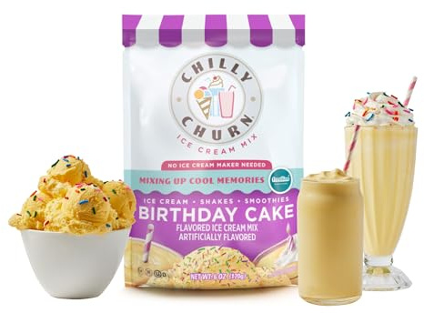 Use with Chilly Churn Birthday Cake Flavored Ice Cream, Shakes & Smoothies, Hand Mixers, Blenders, Countertop Creamer, Ice Cream Machine and More Gluten Free, Kosher, 1.5 Quart, 6 Ounce Pouch