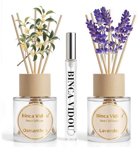Binca Vidou Reed Diffuser Set of 2,Fragrance Reed Oil Diffuser Set with Rattan Reeds for Home Office Bathroom Living Room (Lavender, Osmanthus, 50ml x 2)