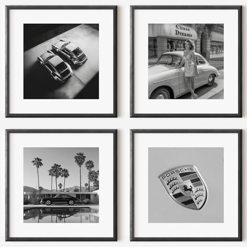 MJ-GRAPHICS® Quadratisch Porsche Schwarz-Weiß Poster Set Porsche Oldtimer Auto Bild Kunstdruck Wohnzimmer Wandbild Vintage Retro Deko Geschenk für Porsche Fans – 20x20 cm Ohne Rahmen