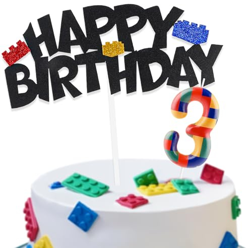 Building Block Thema Kuchen Deko mit Happy Birthday Tortendeko und Geburtstagskerzen Zahl 3 für 3.Geburtstag Mädchen Junge Kinder Geburtstagsfeier