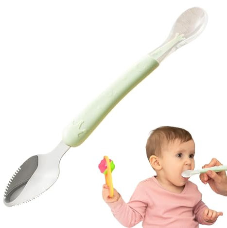 Baby Löffel - Starter Breilöffel Fütterlöffel | Babylöffel Silikon Fütterlöffel | Baby-Püreelöffel | Säugling Beikost Esslöffel | Doppelköpfiger Edelstahl-Fütterungsbecher Für Unterwegs