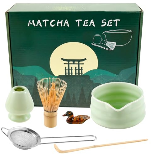 6Pcs Matcha Whisk Set Elegant Matcha Tea Set Kit Includes Bowl with Mouth Tea Scoop Sifter Whisk Holder and Scoop Holder for Beginners and Enthusiasts(Green)