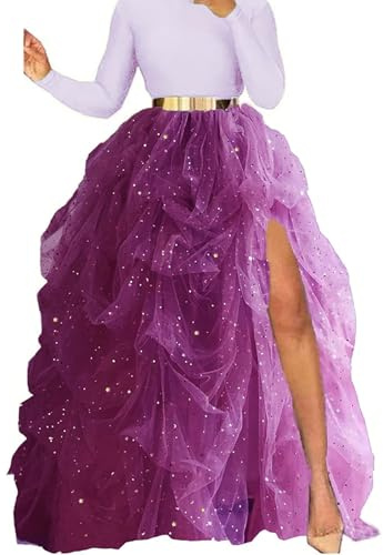 Lisong Women Maxi Tulle Floor Length Layered High Waist Special Occasion Skirt 2XL Purple Sparkle
