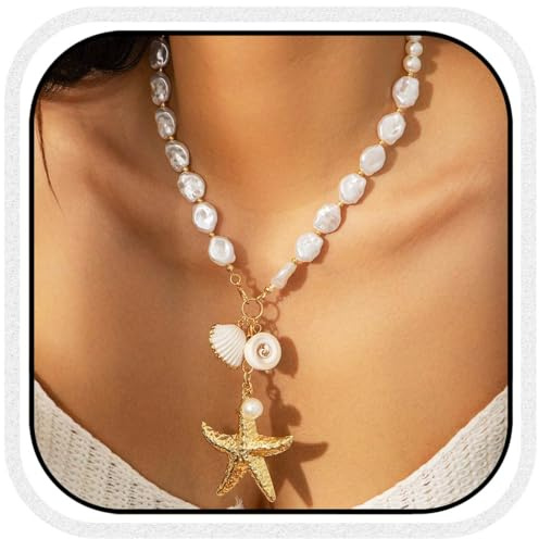 Atigy Boho Starfish Necklace Pearl Seashell Necklaces Pendant Beach Necklace Jewelry for Women (White)