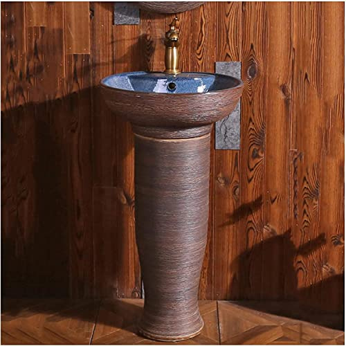 Art Bathroom Basin Sink with Full Pedestal, Pedestal Handcrafted Ceramic wash washbasin Kaolin Clay Round Freestanding Drain & Faucet,A-with Mirror (C Without Mirror)