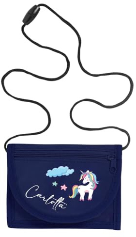 minimutz Geldbörse Kinder personalisiert, Kindergeldbeutel mit Name, Brustbeutel Einhorn Sterne Mädchen (Navy)