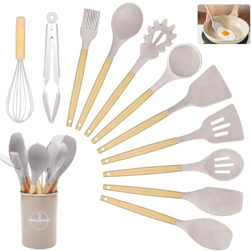 Kitchen Utensil Set, 12 PCS Silicone Cooking Utensils Set with Wooden Handle, Heat Resistant, Nonstick Cookware Tongs Spatula Spoon Set, Silicone Kitchen Utensils Set Suitable for Kitchen(Khaki)
