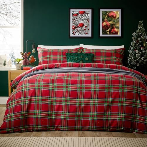 Olivia Rocco Christmas Duvet Cover Set Festive Bedding Quilt Cover Xmas with Pillowcases Reversible Design Easy Care Bed Linen Sets, Zermatt Red, Double