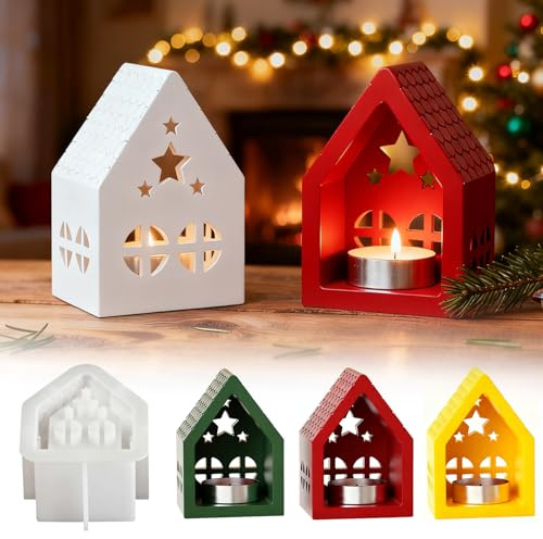 Silikonformen Gipsformen zum Gießen Weihnachten, VDSOW Silikonform Haus 3d, Gießformen Silikon Häuser mit Fenster DIY Silikonform Weihnachten Kerzenhalter für Handgefertigte Kerzen Seifen
