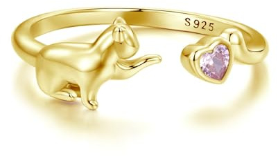 ZUOHUI Verstellbarer Sterlingsilber-Ring mit süßem Katzen-Rosa-Herz for Damen, stapelbarer Ring for den Alltag, Hochzeit, Jahrestag