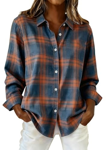 Camisas a cuadros para mujer, cuello redondo, manga larga, ajuste holgado, para oficina, blusas con botones, elegantes, informales, ligeras, para primavera, verano, para el trabajo, fiesta