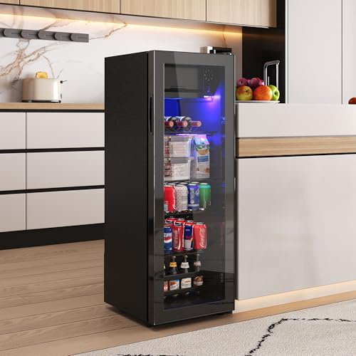 Merax Mini Kühlschrank 128L mit Gefrierfach 8L, Kompressor Kühlschrank, 94 Dosen Kapazität, Getränkekühlschrank freistehend mit LED Beleuchtung & Glas Tür, Schwarz
