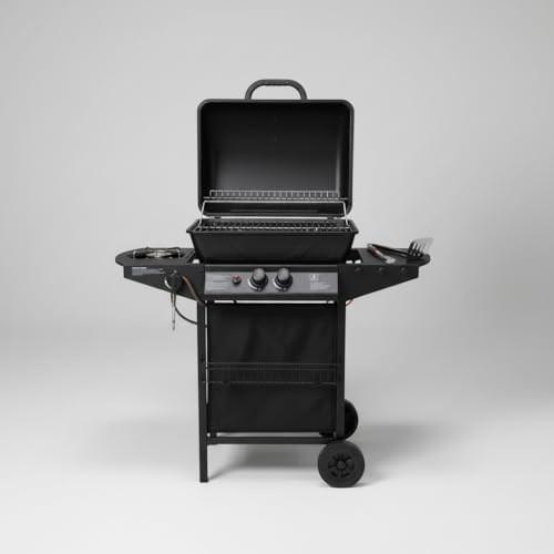 Barbecue a Gas 2 Bruciatori con Fornello Laterale – Griglia Rimovibile, Ripiani Laterali, Carrello con Ruote – BBQ da Giardino per Esterno, Compatto e Facile da Trasportare