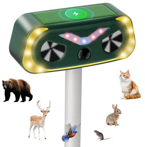 Repelente Gatos, Repelente Solar de Animales Ultrasónico con LED Intermitentes, Ahuyentador de Palomas, Pájaros, Perros, Ratones Interior y Exterior para Patio, Jardín, Granja