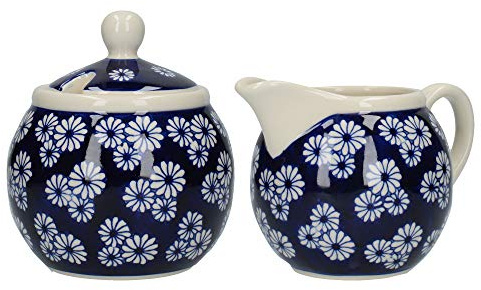 London Pottery JY18LT49 Out of the Blue Milk Jug and Sugar Bowl Set with Small Daisies Design, Stoneware, White / Blue, 2 Pieces