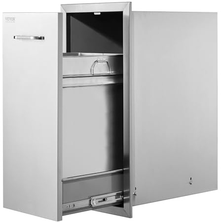 VEVOR 13.6Wx26Hx19.3D Lower Sliding Rails Stainless Steel Roll Bin Pull Out Tray Outdoor Kitchen Trash Drawer with Handle for BBQ Island Grill Station, 13.6W x 26H x 19.3D Inch
