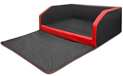 Mayaadi-Home Premium hundsäng – 100 x 80 x 38 cm | Högkvalitativ bilstol för din hund | bilhundsäng med skyddsfilt, bagageutrymme säng av konstläder | Travel Duo svart-röd – L