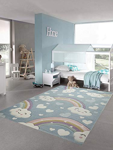 Teppich-Traum Kinderteppich Kinderzimmerteppich Regenbogen mit Wolken und Herzen in blau Größe 160x230 cm