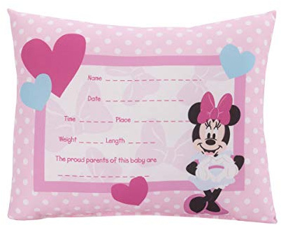 Disney Minnie Mouse Decorative Throw Pillow - Double Sided Decorative Pillow with Name and Stats - Pink, White, Teal Design for Nursery or Gift
